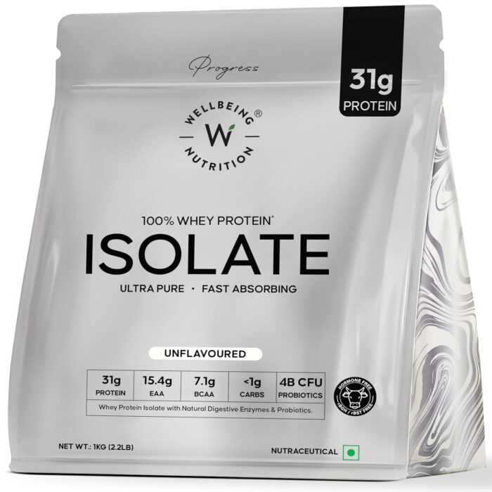Wellbeing Nutrition Whey Protein Isolate 1kg Unflavoured | 31g Protein, 7.1g BCAA | 4B CFU Probiotics & Natural Digestive Enzymes | Fast Absorbing, No Bloating, Easy to Digest | Faster Muscle Recovery