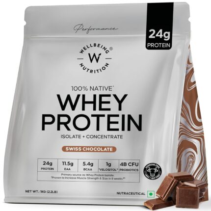 Wellbeing Nutrition Whey Protein Isolate & Concentrate 1Kg Swiss Chocolate | 24g Protein, Clinically Proven Velositol 2x Muscle Protein Synthesis, 4B CFU Probiotics & Digestive Enzymes, Easy to Digest