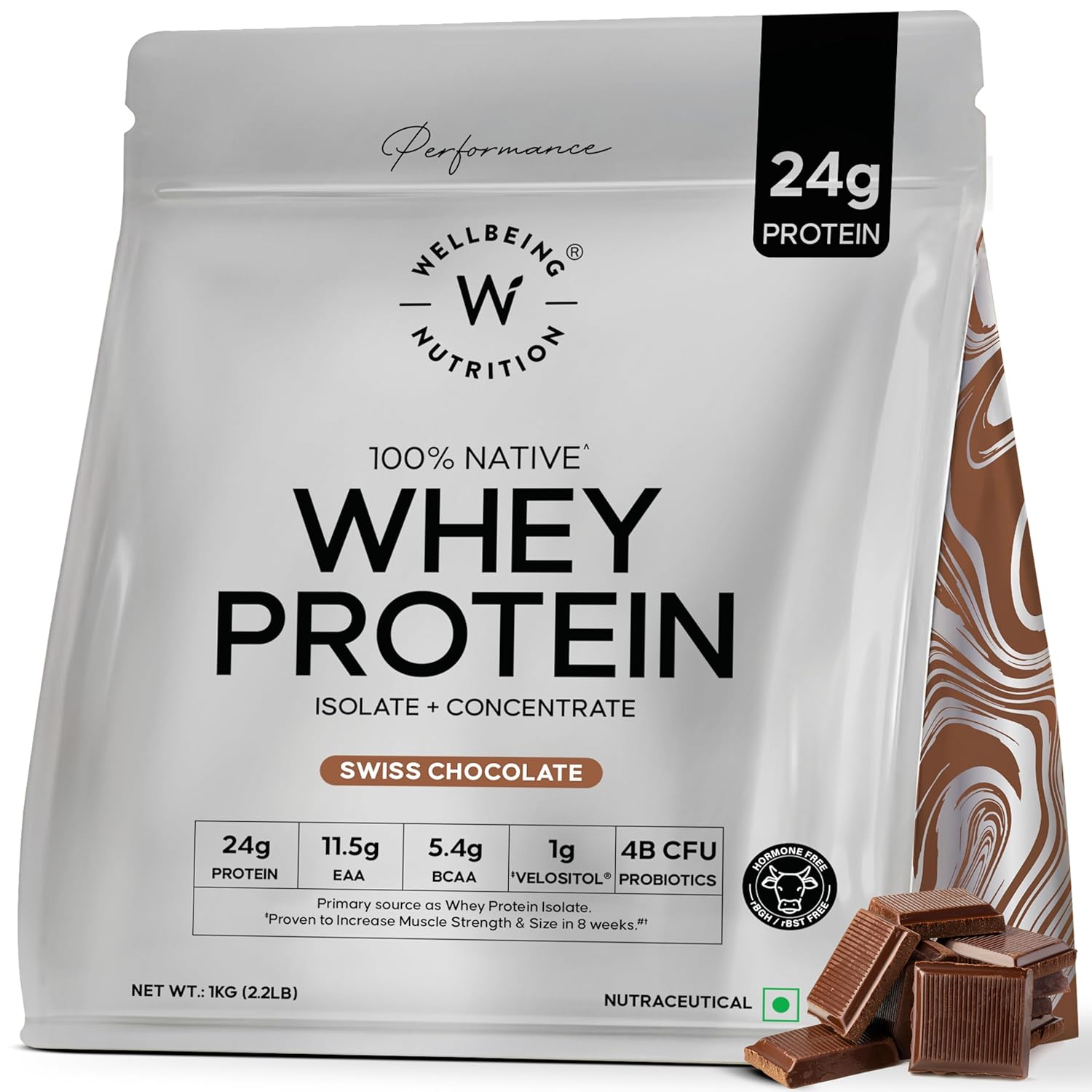 Wellbeing Nutrition Whey Protein Isolate & Concentrate 1Kg Swiss Chocolate | 24g Protein, Clinically Proven Velositol 2x Muscle Protein Synthesis, 4B CFU Probiotics & Digestive Enzymes, Easy to Digest