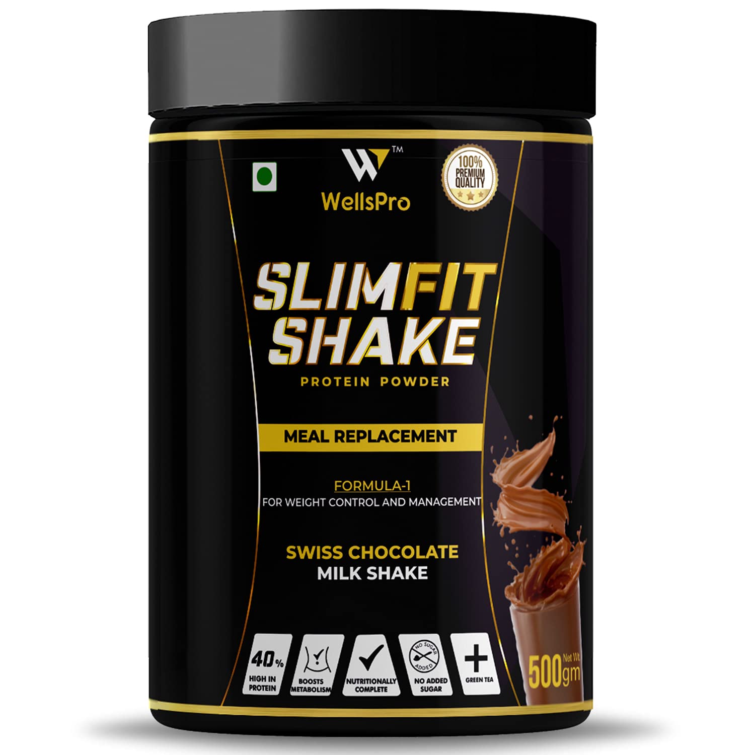 WellsPro Slim Shake Protein Powder 500gm Formula1 Meal Replacement Shake For Weight Control & Management for Women & Men with 7 Ayurvedic Herbs, Multivitamins & Minerals [Swiss Chocolate Flavor]