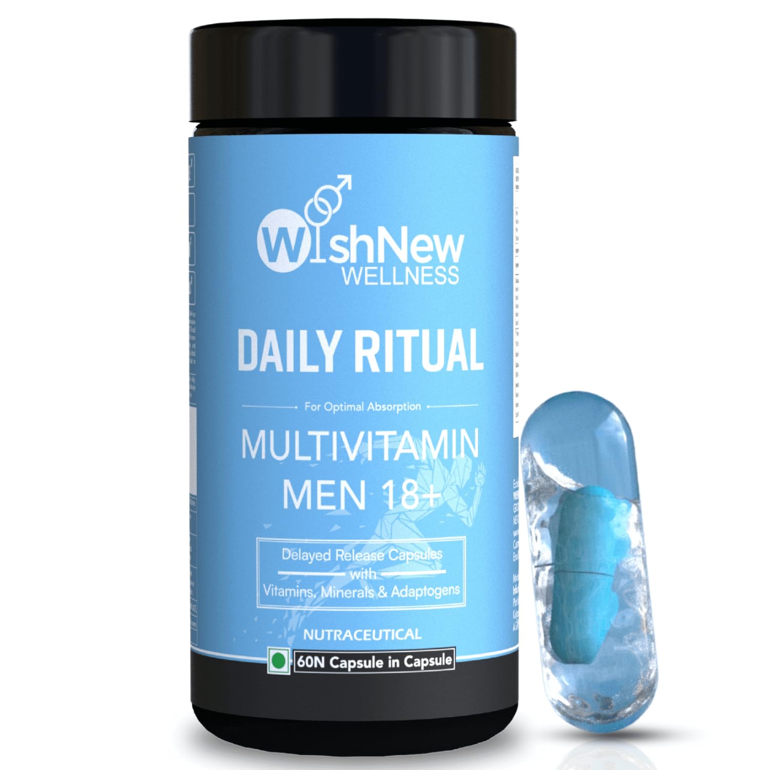 WishNew Wellness Daily Ritual Men's Multivitamin 18+ | Comprehensive 36-Nutrient Blend for Peak Energy & Metabolism | Boosts Stamina, Immune Health | 60 Non-GMO Delayed Release Capsules for Your Wellbeing