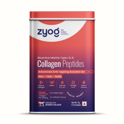 Zyog Type I & III Collagen Peptides For Skin, Hair & Nails with Hyaluronic Acid, Biotin, Vitamins B, C, E, Omega 3 & 6 | Diabetic Friendly | Peach Flavored Powder - 15 Days Pack