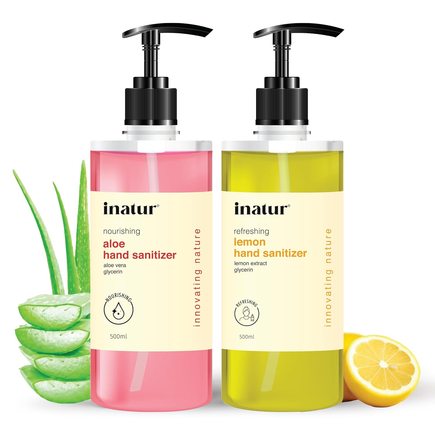 inatur Lemon and Aloe Hand Sanitizer Gel Combo | Alcohol-Based, Antibacterial, Kills 99.9% Germs | Enriched with Lemon & Aloe for Gentle Care | Safe on Skin | Hand Sanitizer 500ml for Complete Hygiene
