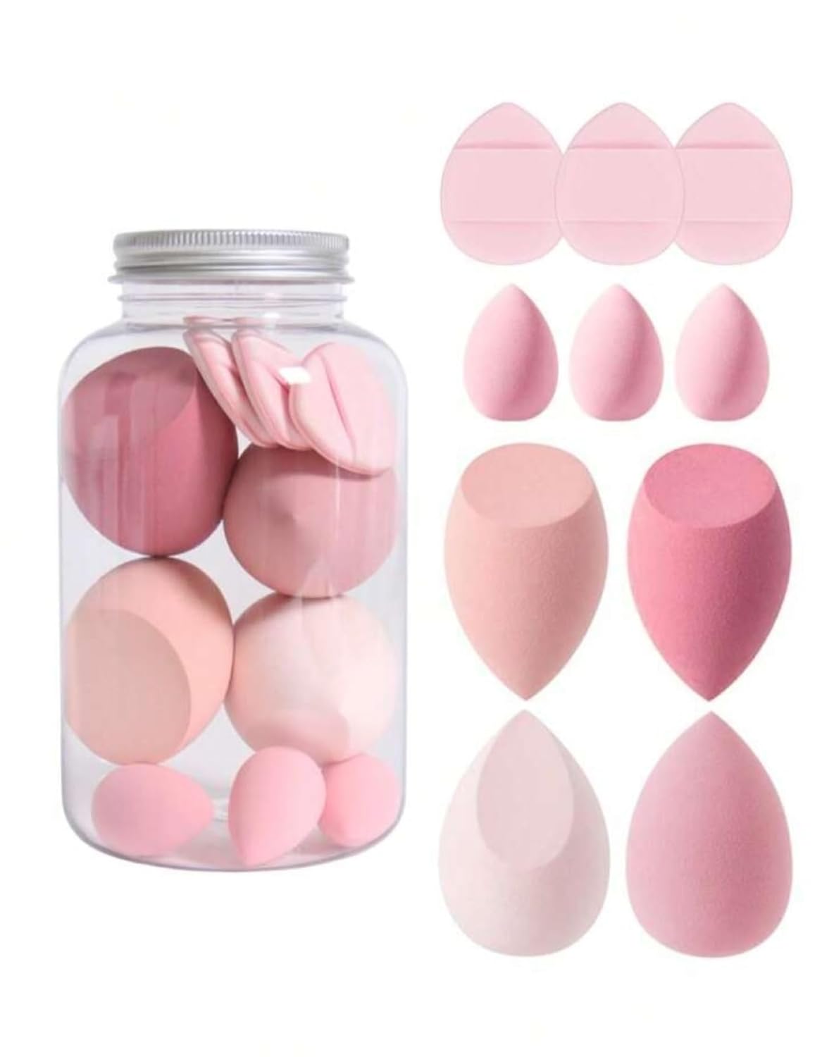 10Pcs Makeup Sponges Set With Storage Jar,Including 4 Blenders, 3 Mini Beauty Blenders, Makeup Sponge Set Blender With 3 Finger Puff Flowless For Liquid Cream and Powder Easy to use Latex Free