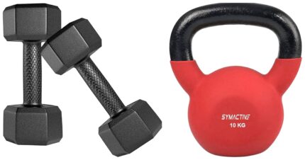 Amazon Brand - Symactive Neoprene Coated Solid Kettlebell for Gym Exercises, 10 Kg & Amazon Brand - Symactive Pvc 10 Kg Fixed Dumbbells Set For Full Body Workout (Set Of 2, 5 Kg)