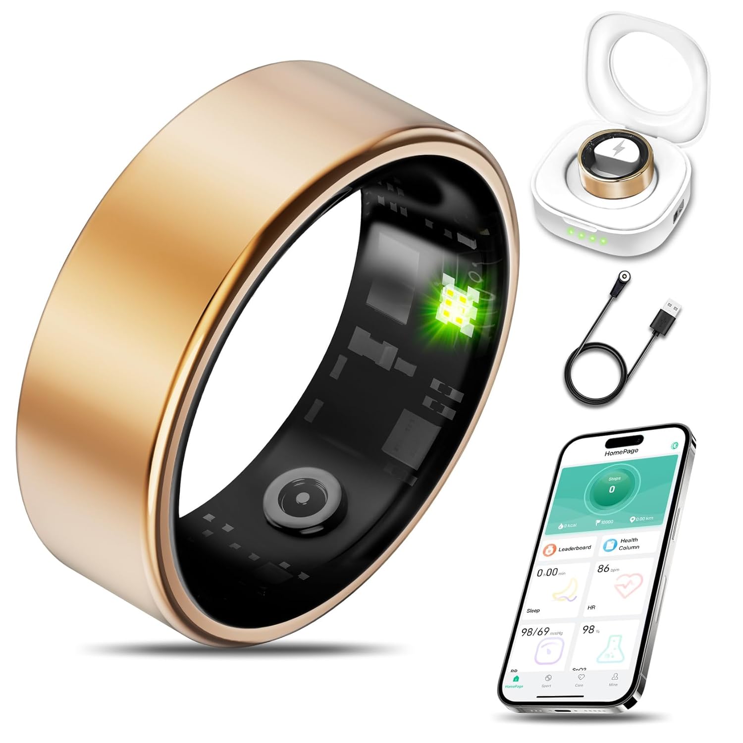 Smart Health Ring for Women Men Fitness Tracker with Heart Rate, Blood Oxygen, Blood Pressure, Sleep Monitoring, Step Counting, IP68 Waterproof for iPhone and Android, No Subscription Fee, Gold 6