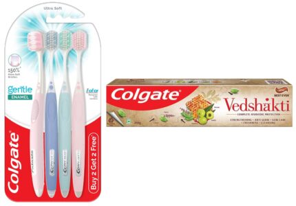 Colgate Gentle Enamel Ultra Soft Bristles Manual Toothbrush For Adults, 4 Pcs & Swarna Vedshakti Ayurvedic Oral Care Toothpaste With Anti-Germ Properties For Whole Mouth Protection - 200Gm, Assorted