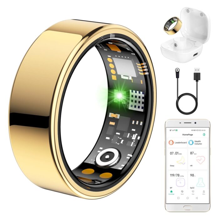 Vital Health Ring for Women Men, Fitness Tracker with Heart Rate, Blood Oxygen, Blood Pressure Monitor, Sleep Monitor, Calories, Step Counter, Waterproof Fit Ring , No Subscription Fee (Gold, 6#)