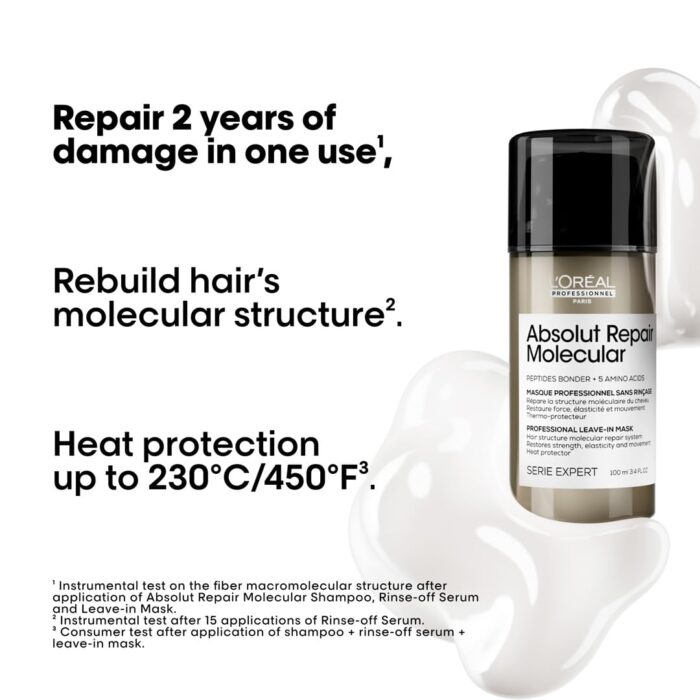 L'Oréal Professionnel Absolut Repair Molecular Deep Repairing Leave-in Cream for Damaged Hair - 100 ml | Repairs Very Damaged Hair and Restores Strength With 2% Peptides Bonder & 5 Amino Acids