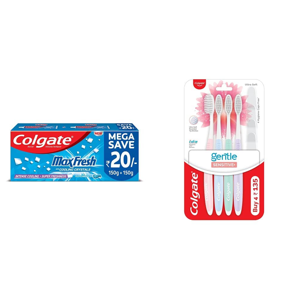 Colgate MaxFresh Toothpaste, Blue Gel Paste with Menthol for Super Fresh Breath, 300g, 150g X 2 (Peppermint Ice, Saver Pack) Sensitive Soft Bristles Toothbrush - 4 Pcs
