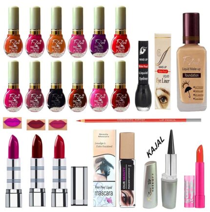 F Zone Makeup kit With 12 Nail Polish Eye Liner Foundation 3 Lipstick Mascara Lip Balm And Kajal vc35