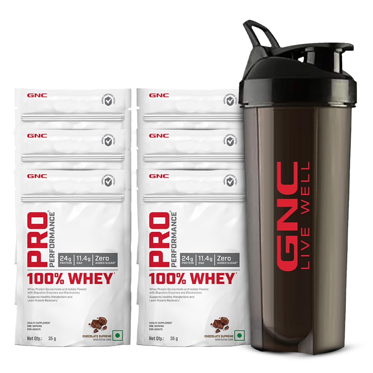 GNC 100% Whey Protein Powder & Black Shaker | Chocolate Supreme | 35 Gm x 6 Sachets | Speeds Up Muscle Recovery | Boosts Lean Muscle Growth | DigeZyme® For Easy Digestion