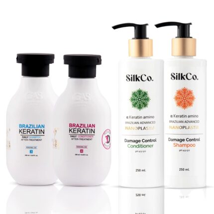 Global Amazon Secrets Brazilian Keratin Shampoo and Conditioner 250ml + SilkCo Nanoplastia Shampoo & Conditioner 250ml | Reduces HAIRFALL up to 3X | Frizz-Free Shine | Sulfate-Free (Pack of 4)