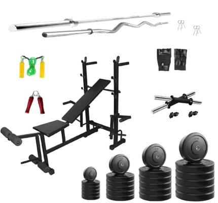 Saporigo Home Gym Combo – 40 KG Classic Rubber Plates + 8-in-1 Adjustable Multi-Bench (Black, Single Support) | Rods, Dumbbells & Full Body Workout Accessories