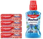 Colgate Max Fresh Bad Breath Treatment Toothpaste, Red Gel Paste With Menthol For Super Fresh Breath, 600G, 4 X 150G Tubes & Plax Peppermint Mouthwash, 0% Alcohol - 500 Ml