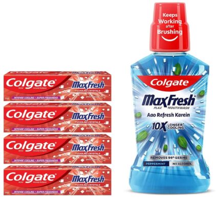 Colgate Max Fresh Bad Breath Treatment Toothpaste, Red Gel Paste With Menthol For Super Fresh Breath, 600G, 4 X 150G Tubes & Plax Peppermint Mouthwash, 0% Alcohol - 500 Ml