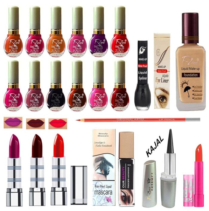 F Zone Makeup kit With 12 Nail Polish Eye Liner Foundation 3 Lipstick Mascara Lip Balm And Kajal vc18