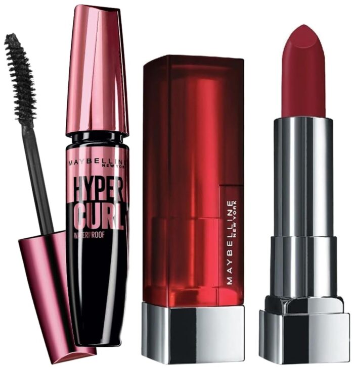 Maybelline New York Hypercurl Mascara Waterproof, Black, 9.2Ml And Maybelline New York Color Sensational Creamy Matte Lipstick, 695 Divine Wine, 3.9G
