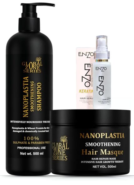 Global Zone Series Premium Nanoplastia Hair Care Set, Smoothening Shampoo and Hair Mask, 500ml Each, With FREE ENZO SERUM Sulphate and Paraben-Free