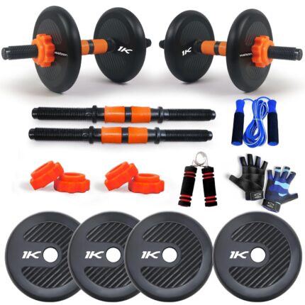 WATSON Premium Rubber Dumbbell Set For Men & Women Fitness, Dumbbell Set With 4Kg (1Kgx4) Rubber Weight Plates, Hard PVC 14" Dumbbell Rods, Foam Gripper, Skipping Rope & Gym Gloves