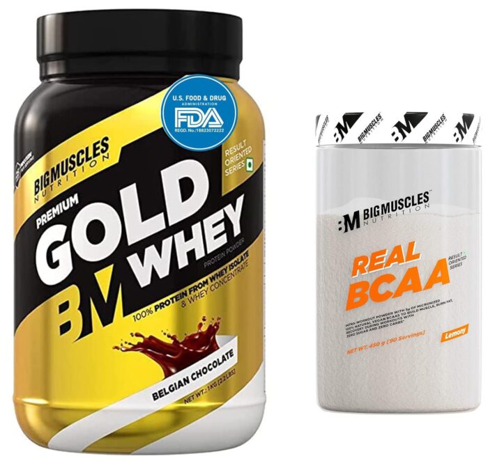 Bigmuscles Nutrition Premium Gold Whey 1Kilogram Whey Protein Isolate Blend [Belgian Chocolate] & Real BCAA [90 Servings, Lemony]