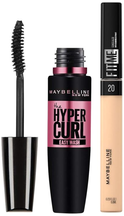 Maybelline New York Hypercurl Mascara Washable, Black, 9.2ml & Maybelline New York Fit Me Concealer,20 Sand, 6.8ml