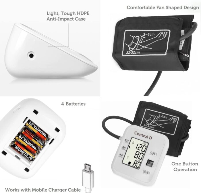 Control D Fully Automatic Oscillometric Digital Blood Pressure Checking Machine Upper Arm Portable Digital Blood Pressure Monitor BP Machine Power With Micro USB (CDUBP105, White)
