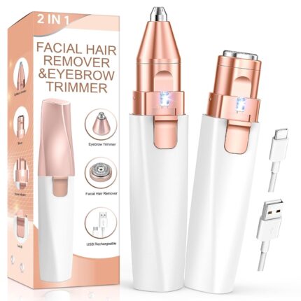 Painless 2 in 1 Rechargeable hair removal trimmer for women with Replaceable Heads, upper lip hair remover for women Eyebrow Razor face trimmer (Beige)