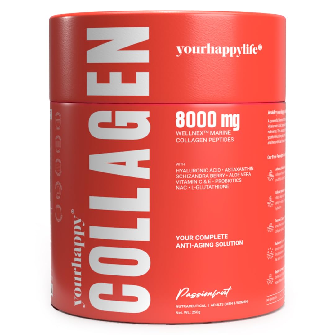YourHappyLife Advanced Marine Collagen Supplements For Women & Men - Type 1 & 3 Collagen Powder For Healthy Skin, Hair & Nails | 8000mg of Premium Collagens with Glutathione, NAC, Biotin, Hyaluronic Acid -250 gm