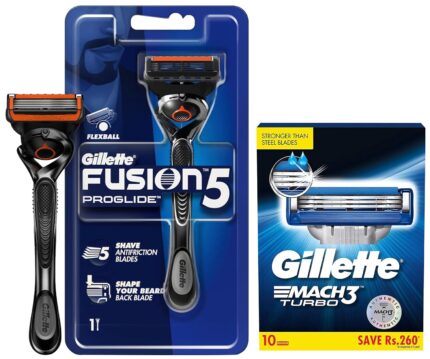 Gillette Proglide Men's Grooming Razor with Flexball Technology - Adapts to Facial Contours (1 pc) & Mach Turbo 3 Shaving Blades- Pack of 10 (Cartridges)