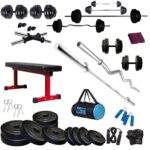 BODYFIT Home Gym Set Combo Kit, Equipment, (20Kg-100Kg) Weight Plates, 3Ft Curl, 5Ft Plain Rod, Flat Red Pipe Bench,2 Pcs Dumbbell Rods,Fitness Exercise Set. (56 Kg Gym Set)