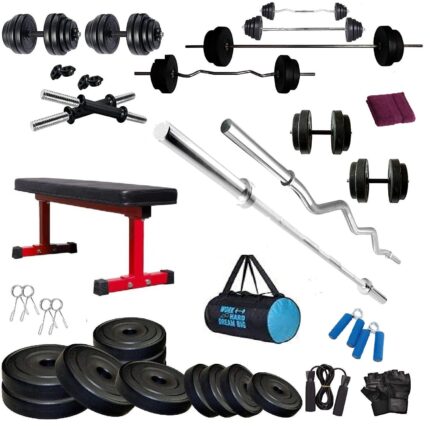 BODYFIT Home Gym Set Combo Kit, Equipment, (20Kg-100Kg) Weight Plates, 3Ft Curl, 5Ft Plain Rod, Flat Red Pipe Bench,2 Pcs Dumbbell Rods,Fitness Exercise Set. (56 Kg Gym Set)
