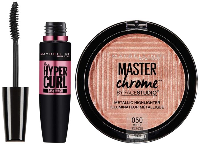 Maybelline New York Face Studio Master Chrome Metallic Highlighter, Molten Rose Gold, 6.7g and Maybelline New York Hypercurl Mascara Washable, Black, 9.2ml