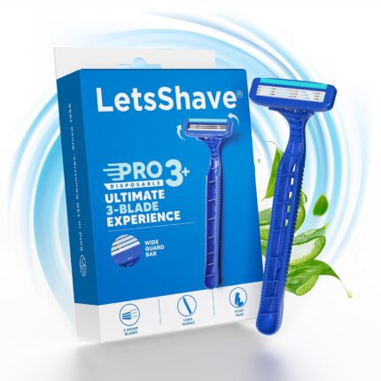 LetsShave Pro 3 Plus Disposable Shaving Razors for Men, Pack of 1, Stainless Steel, Razor with Rubber Grip Handle & Safety Cap, Open Flow Hair Remover Made in South Korea, Razor for Men Face and Head
