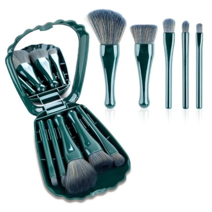 5-in-1 Professional Mini Makeup Brush Set with Built-in Mirror – Compact Travel-Friendly Cosmetic Brushes for Foundation, Blush, Powder & Eyeshadow – Portable Beauty Kit for Women & Girls (Green)