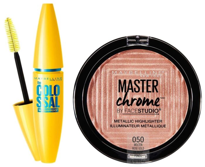 Maybelline New York Face Studio Master Chrome Metallic Highlighter, Molten Rose Gold, 6.7g and Maybelline New York Volume Express Colossal Masacara, Waterproof, Black, 10g