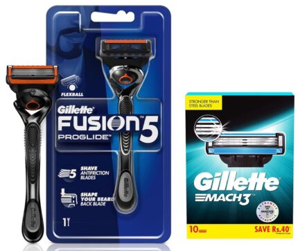 Gillette Proglide Men's Grooming Razor with Flexball Technology - Adapts to Facial Contours (1 pc) & Mach 3 Shaving Blades- Pack of 10 (Cartridges)