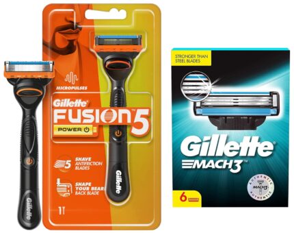 Gillette Mach 3 Shaving Blades- Pack of 6 (Cartridges) & Gillette Fusion Power Razor for Men for Perfect Shave and Perfect Beard Shape