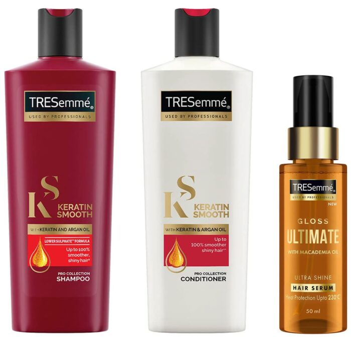 TRESemme Gloss Ultimate Ultra Shine Hair Serum 50ml with Macadamia Oil & Tresemme Keratin Smooth, Conditioner, 190ml, for Smoother, Shinier Hair, with Keratin & Tresemme Keratin Smooth, Shampoo, 185ml, for Straighter, Shinier Hair, with Keratin & Argan Oil, Nourishes Dry Hair, Controls Frizz , for Men & Women