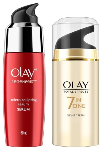 Olay Night Cream Total Effects 7 in 1, Anti-Ageing Moisturiser, 50g & Serum Regenerist Microsculpting¬ Serum, 50 ml