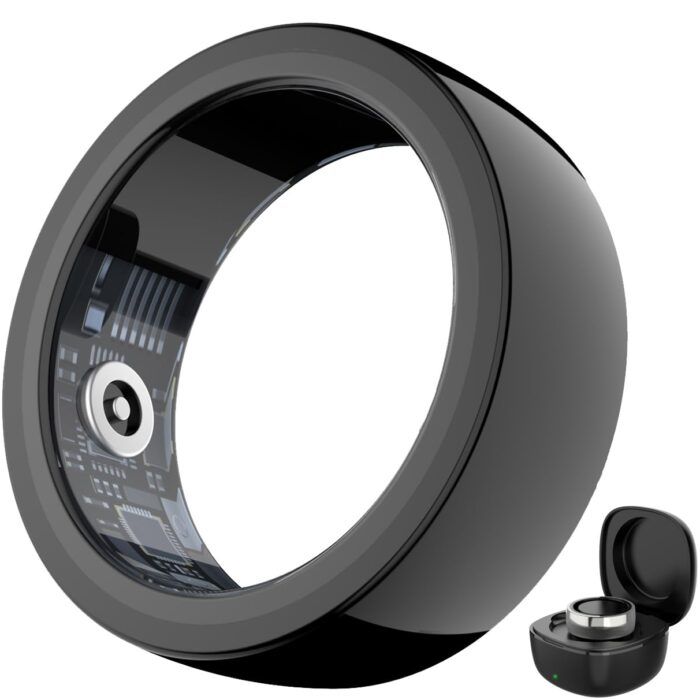 2025 New Smart Ring Health Tracker, Fitness Ring with Sleep Tracker/Heart Rate/Blood Oxygen/Steps/Calories/Distance, No Subscription Fee, IP68 Waterproof Smart Ring with Charging Case - Black Size 8