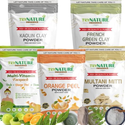 5Pack Glow & Skin Care Combo – Kaolin Clay, French Green Clay, Orange Peel, Multani Mitti & Multi Vitamin Powder (Neem+Amla) | Natural Skin Brightening, Whitening & DIY Face Packs All SkinTypes (350g)