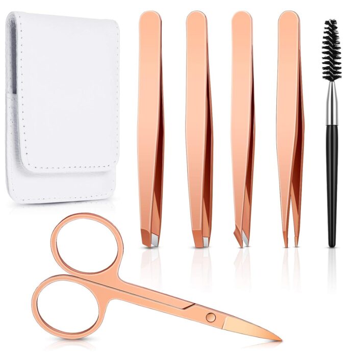 6 Pieces Eyebrow Tweezers Set with Curved Scissors, Eyelash Brush Stainless Steel Brow Remover Tools for Women and Girls, Hair Plucking Daily Beauty Tool with Storage Case (Cute Color)