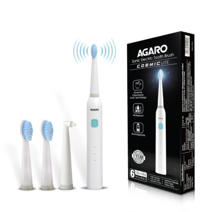 AGARO COSMIC Lite Sonic Electric Toothbrush For Adults With 6 Modes, 3 Brush Heads, 1 Interdental Head And Rechargeable With 3.5 Hours Charge Lasting Upto 25 Days, Power Toothbrush|White