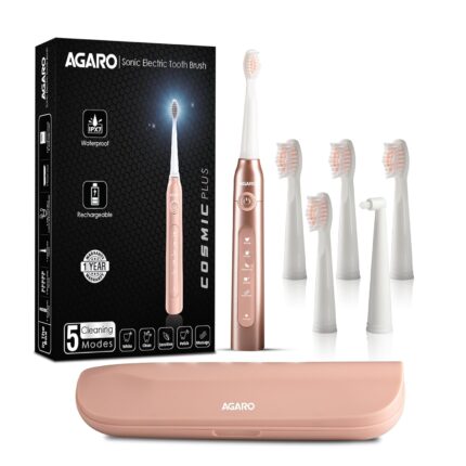 AGARO COSMIC PLUS Sonic Electric Tooth Brush For Adults with 5 Modes, 5 Brush Heads, 1 Interdental Head, Carry Case & Rechargeable with 4 Hours Charge Lasting Up to 25 Days, Power Toothbrush, (Rosegold)