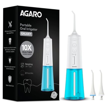 AGARO Galaxy Oral Irrigator, Portable, Cordless, Rechargeable, 3 Cleaning Modes, 6 Pressure Levels in Each Mode, IPX7 Waterproof, 230ml Water tank, Flossing at Home & Travel, White & Blue