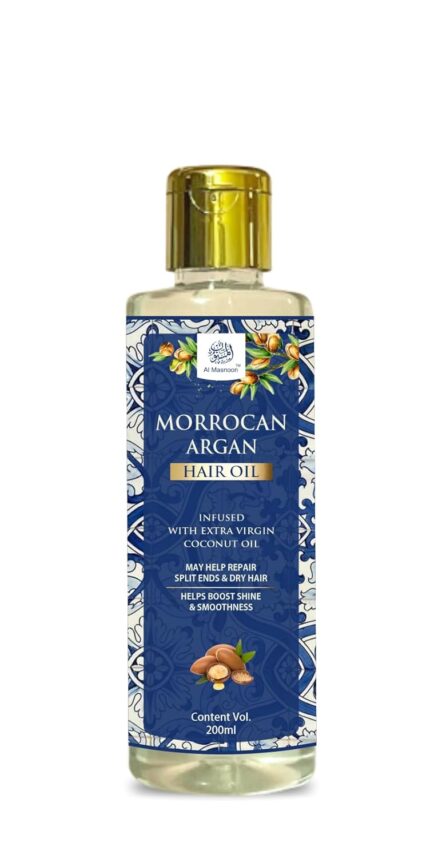 AL MASNOON Morrocan Argan Hair Oil – 200ml | Pure Moroccan Argan Oil & Extra Virgin Coconut Oil | Deep Nourishment for Dry, Frizzy & Damaged Hair | Boosts Shine, Smoothness || Pack of 1