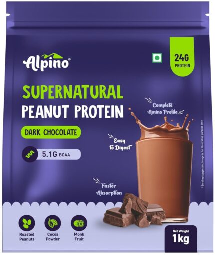ALPINO Supernatural Peanut Protein Powder Dark Chocolate 1kg – Roasted Peanuts, Cocoa Powder & Monk Fruit - 24g Protein, 5.1g BCAAs, No Added Sugar - World’s First Peanut Protein Isolate