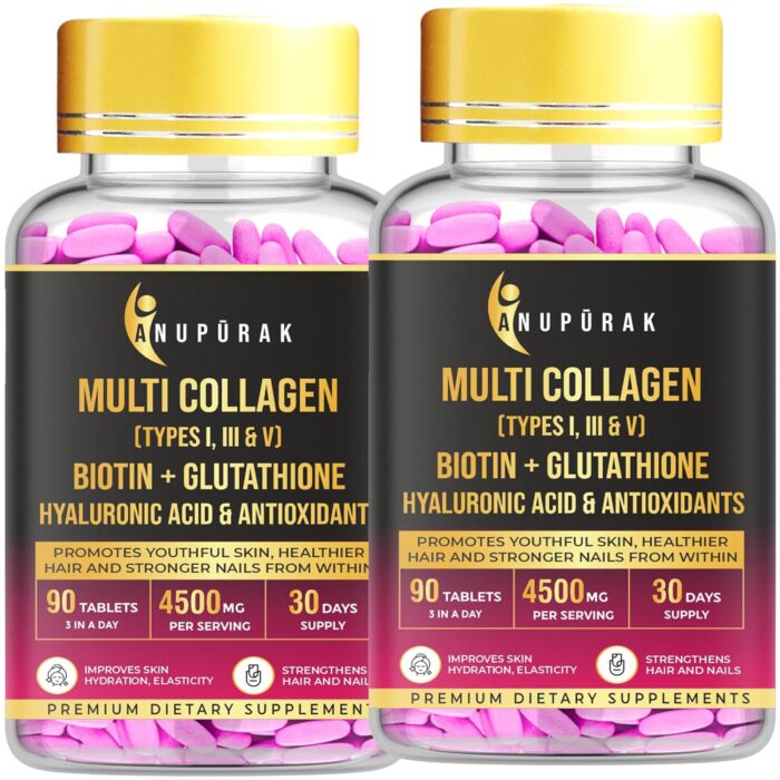 ANUPURAK Multi Collagen Supplement for Women & Men | Marine Collagen Complex Type I, III & V + Glutathione + Biotin + Hyaluronic Acid + Probiotics | Support Skin Glow, Hair, Nail & Joint | 180 Tablets
