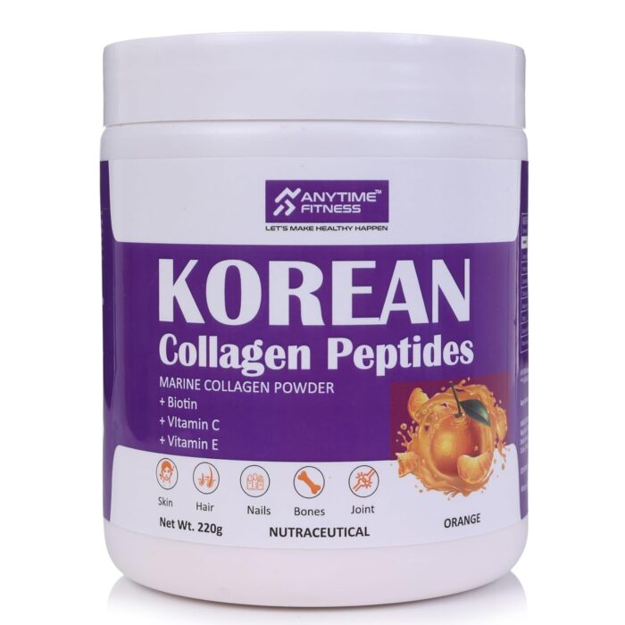 ANYTIME FITNESS SKINGLO Collagen Peptide - 220gm | Marine Collagen Power with Biotin, Vitamin C & E | Supplement for Healthy Skin, Hair, Nails, Joints & Bone | Orange Flavour, 28 Serving